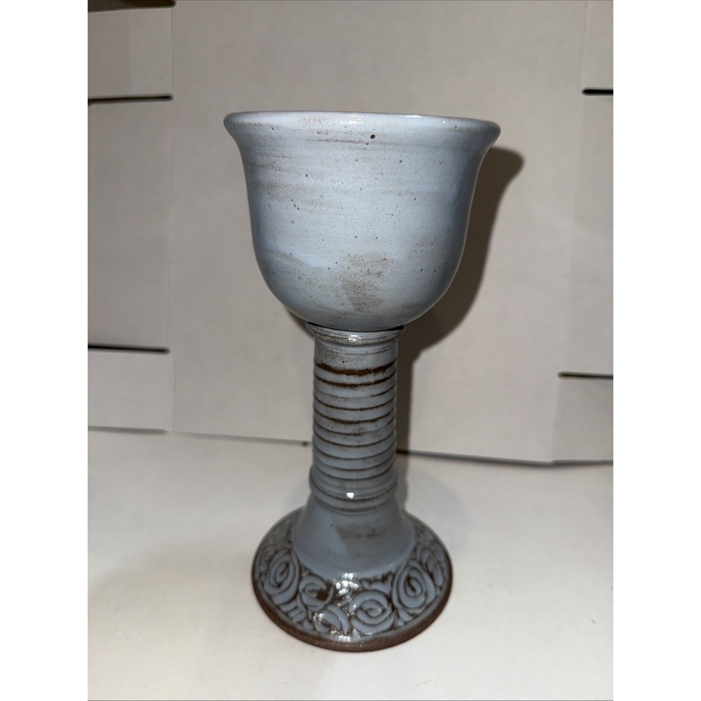 Handcrafted Goblet Chalice Studio Art‎ Pottery Blue Glazed Stoneware Signed 8.5"